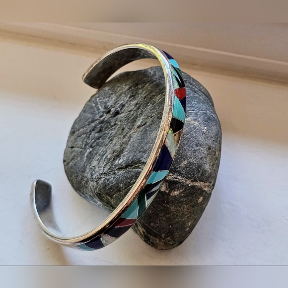 Navajo sterling silver, multi stone inlay cuff. Artist: Steve Fransico (SF) EUC - Picture 2 of 15